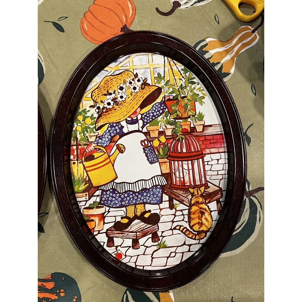 Holly Hobbie And Cat Oval Tin Trays Holly Bonnet Girl Set of 2 Vintage 1970's